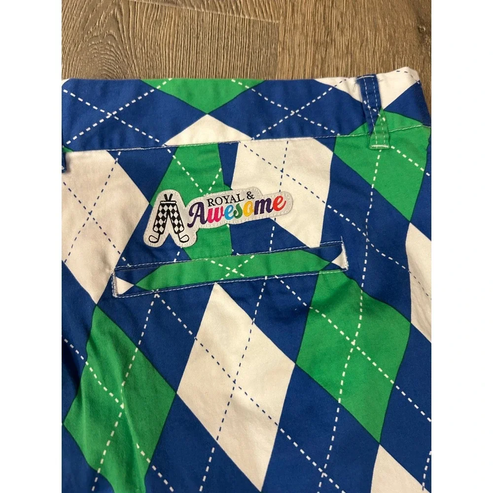 Royal & Awesome Mens Blue Green Argyle Golf Shorts Size 44 Flat Front Loud Mouth